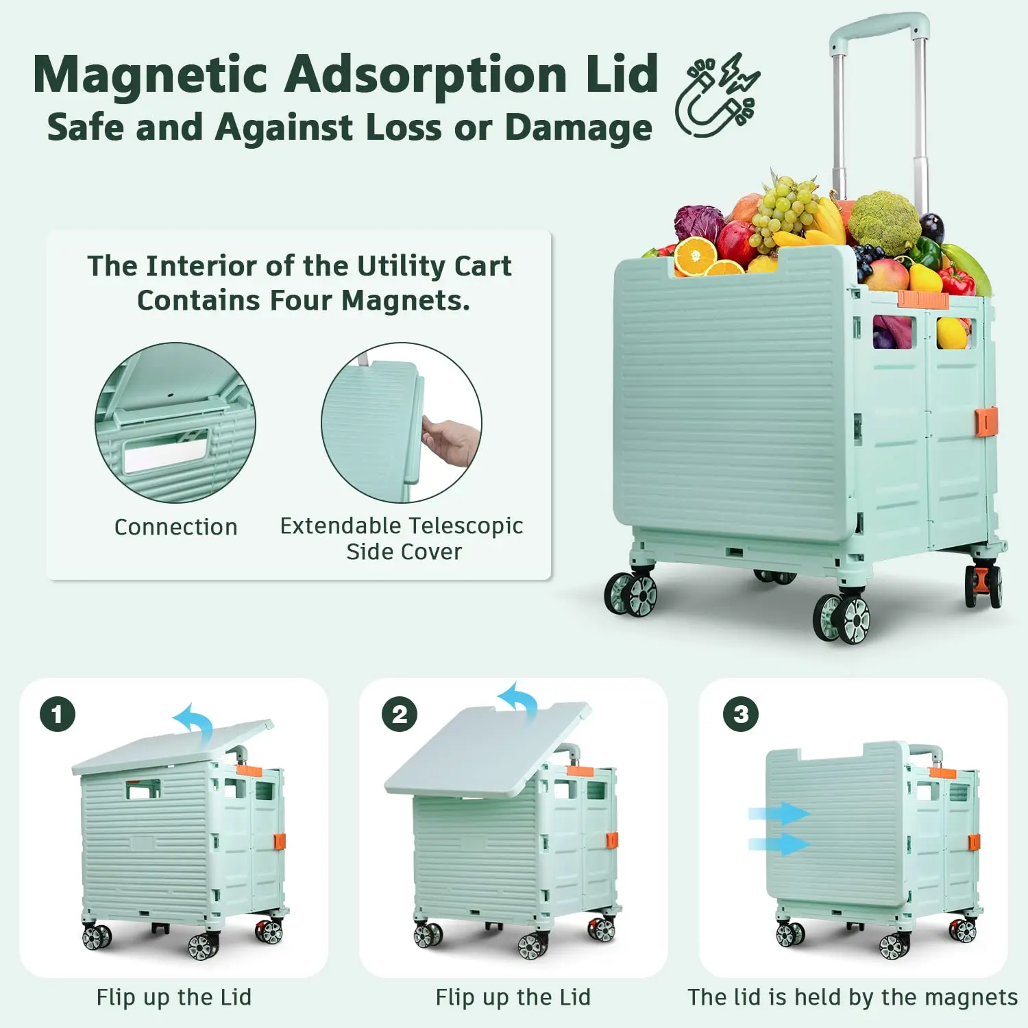 Folding Utility Cart Portable Rolling Wheels Handcart Shopping Trolley Collapsible Tool Box with Lid for Grocery Office Storage