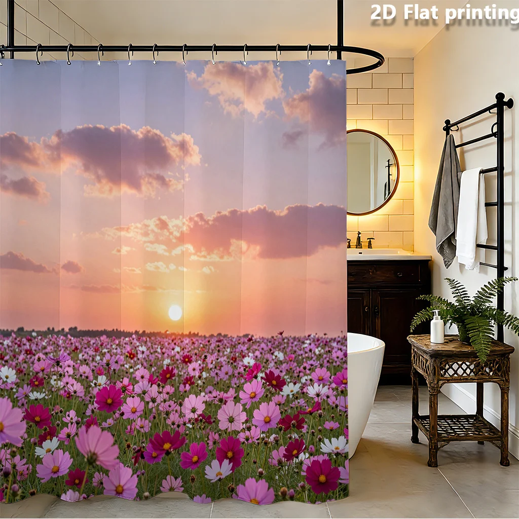 Stylized Floral Field Illustration Shower Curtain – Soft Pink & Lavender Blooms, Polyester, 12 Grommets, Machine Washable
