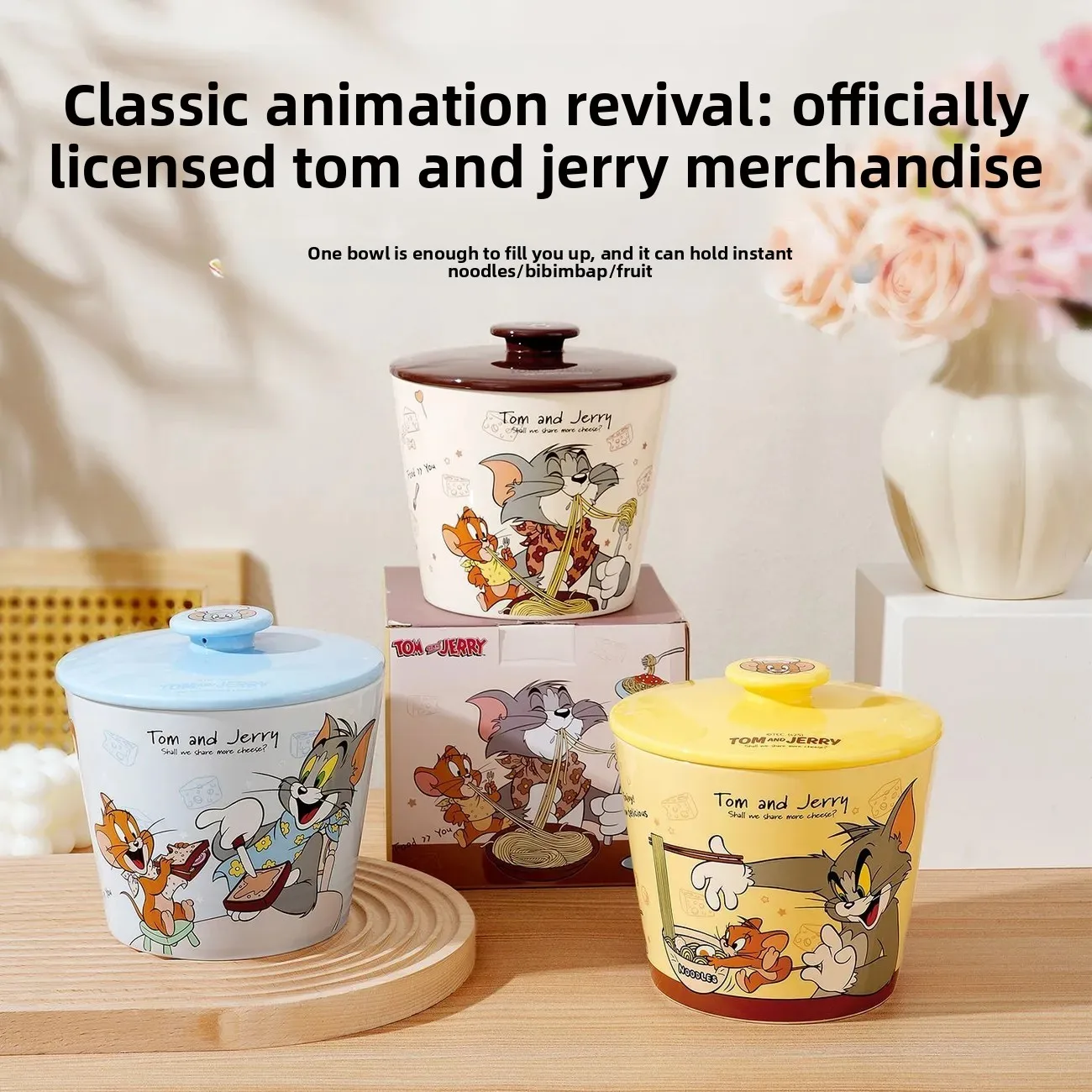 

Утолщенная керамическая миска для лапши быстрого приготовления Tom and Jerry Collaboration — с крышкой, термостойкая, стильная мультяшная миска с защитой от ожогов