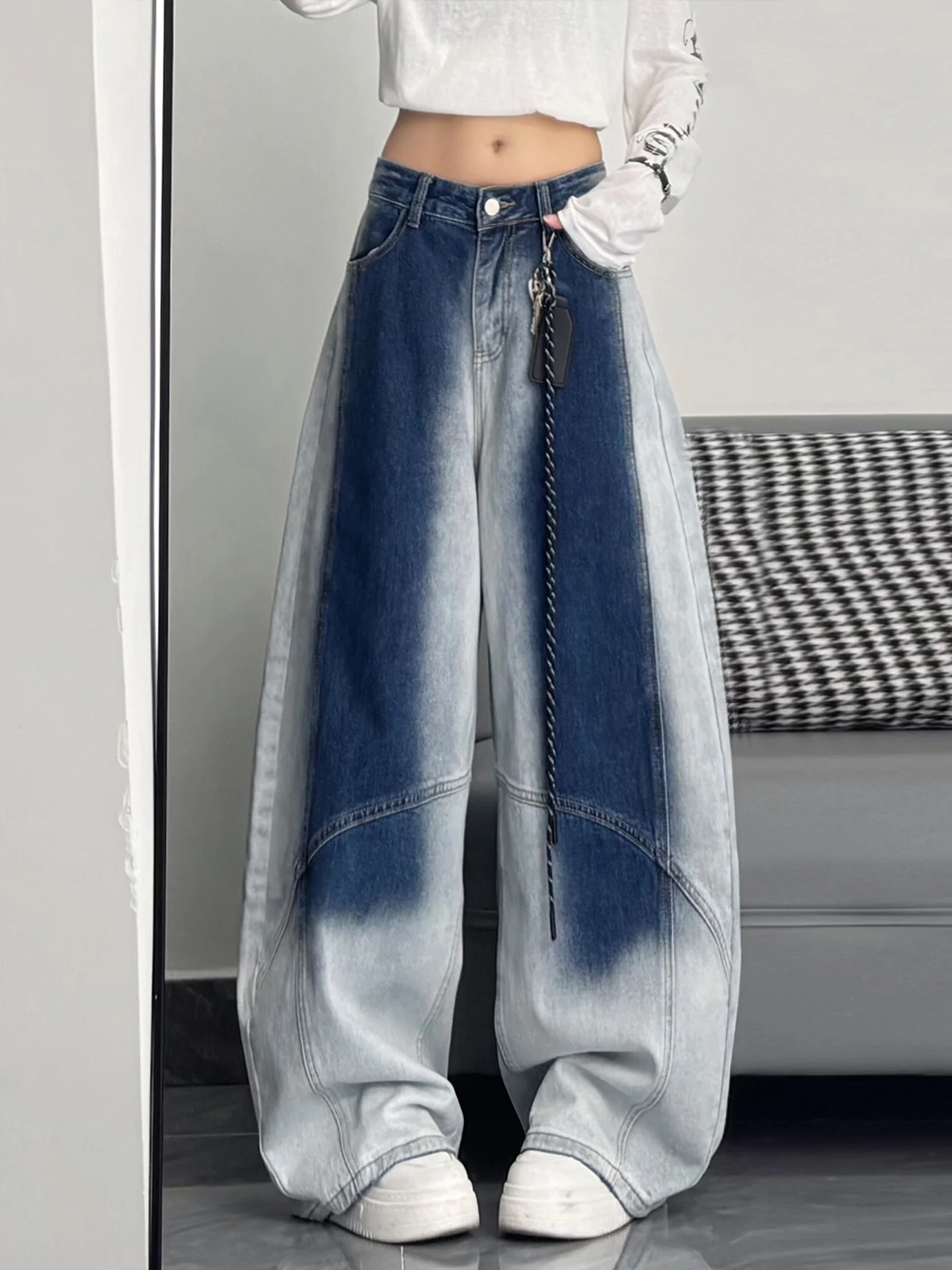 

Fall New Loose Design Sense Deconstructed Denim Jeans Women's American adient Waed Wide Leg Pants Knife Pants
