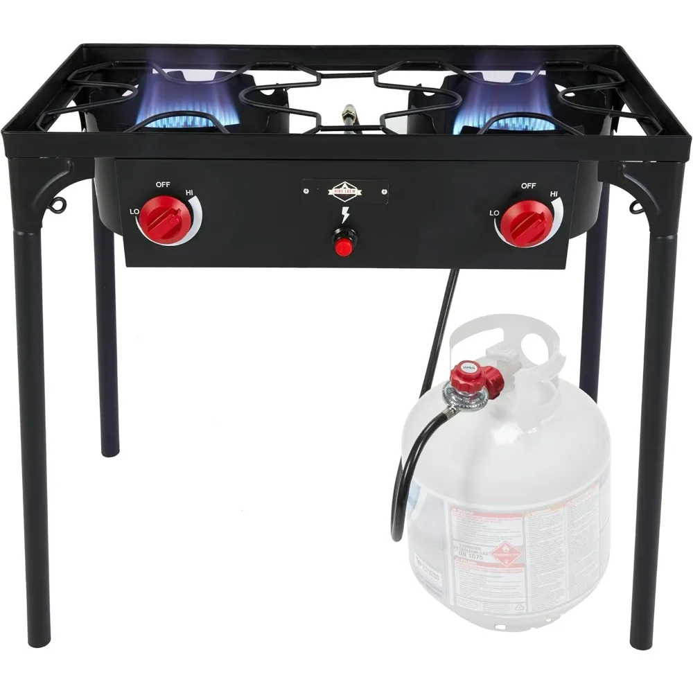 Auto Ignition Double-Burner Outdoor Gas Stove | 150,000 BTU Portable Propane-Powered Cooktop with Blue Flame Control, Removable