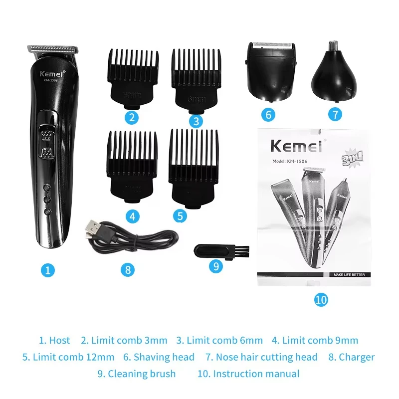 Kemei KM-1506 3 in 1 Electric Hair Clipper USB Charging Shaver Rechargeable Nose Hair Trimmer Professional Shaving Machine view 3