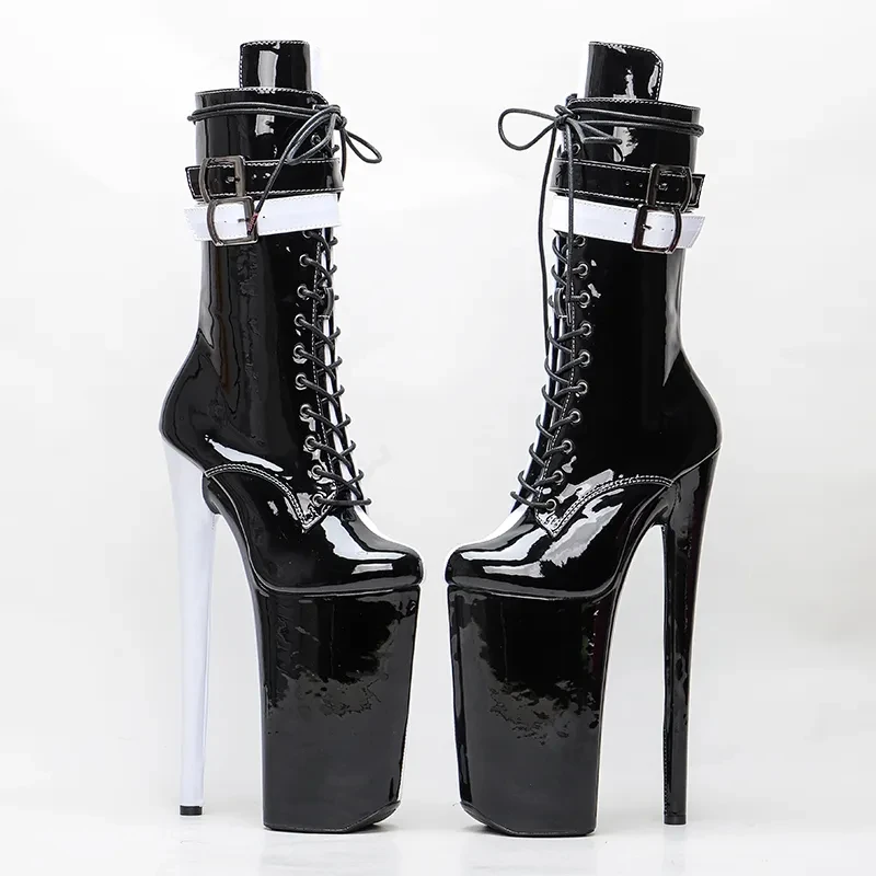 Auman Ale New 26CM/10inches Black With White Color Patent PU Sexy Exotic High Heel Platform Party Shoes Pole Dance Boot