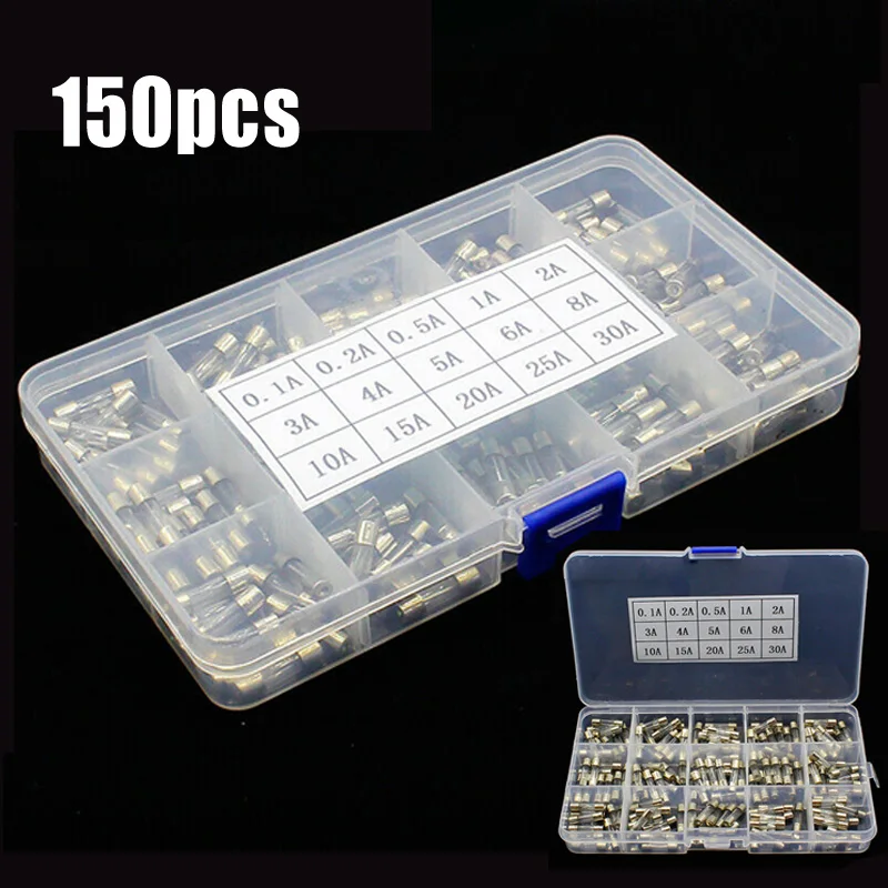 150pcs Glass Tube Fuses Assorted Equipment Kit Quick Blow Supplies With Plastic Box 0.1A-30A Industrial Useful