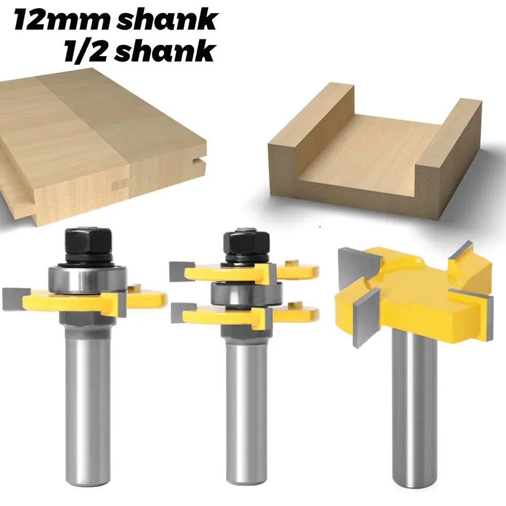3 ชิ้น/เซ็ต 1/2 "12.7MM 12MM Shank Milling CUTTER ไม้แกะสลักลิ้น & Groove Joint ประกอบ Router Bits 3/4" สต็อก T-Slot Tenon