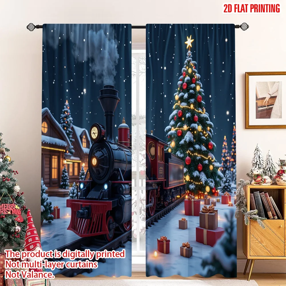 

2pcs 2D flat printing Merry Christmas Popular Window Drapes Christmas train festive gifts 100% Polyester Without Electricity