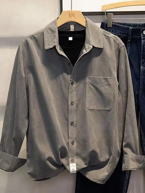 

Japanese Style Pure Color Long Sleeve Men's Shirt Casual Loose Collar Retro Workwear Jacket Spring Autumn New Arrival