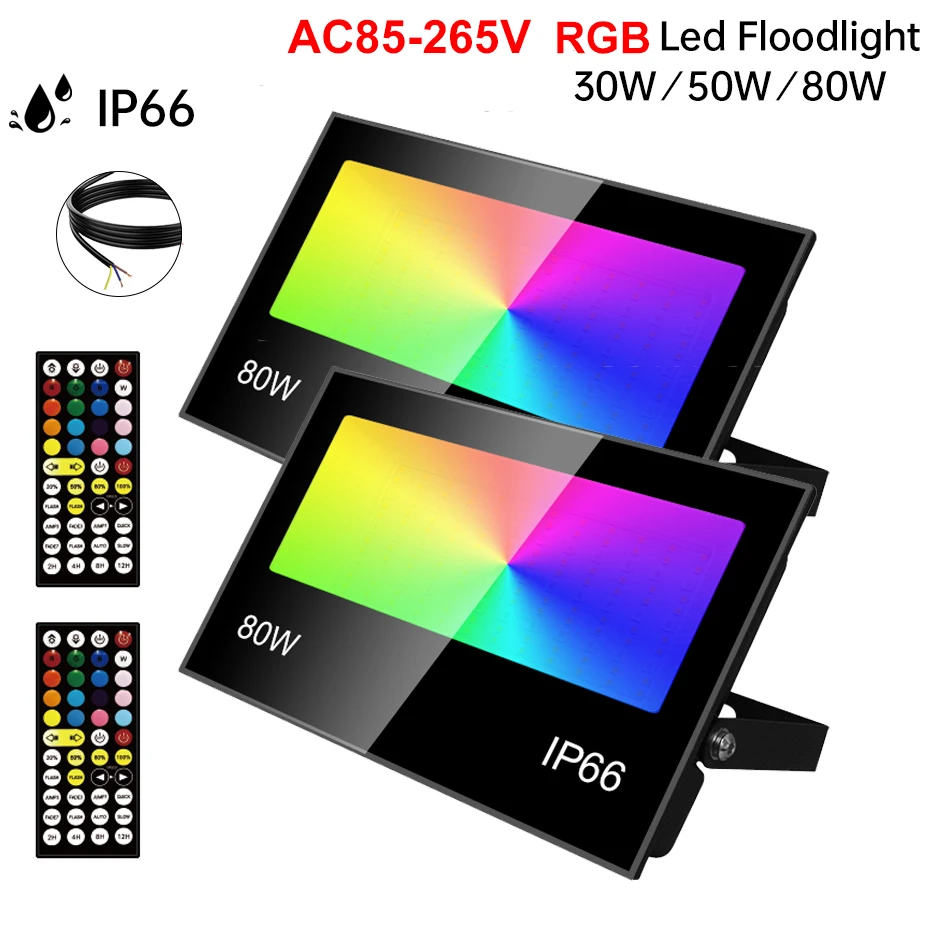 

2pcs LED RGB Flood Light with 16 Colors IR Remote Control AC85-265V 80W 50W 30W Waterproof Outdoor Lighting Spotlight LED Reflec