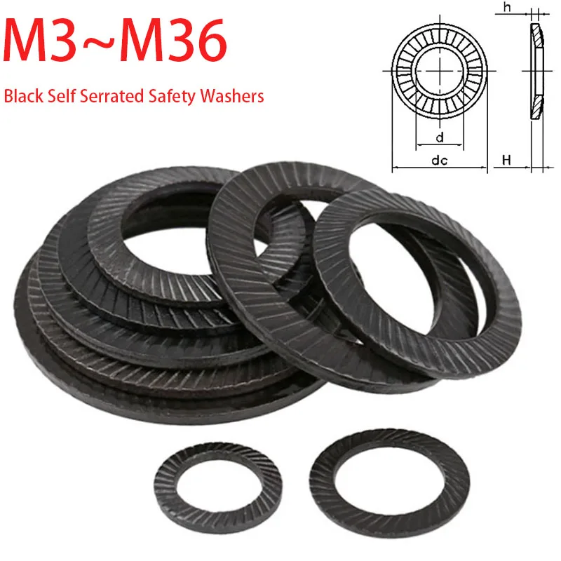 Black Self Serrated Safety Washers Vibration Locking Gasket Double-sided Toothed Anti-skid Washer M3 M4 M5 M6 M8 M10 M12 M14-M36