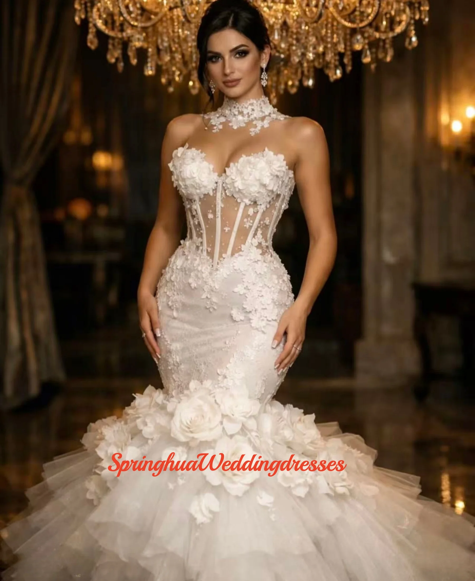 Customized High Collar Mermaid Wedding Dresses Lace Flowers Layers Sweep Train Pleated Buttons Robe Vestido De Novia