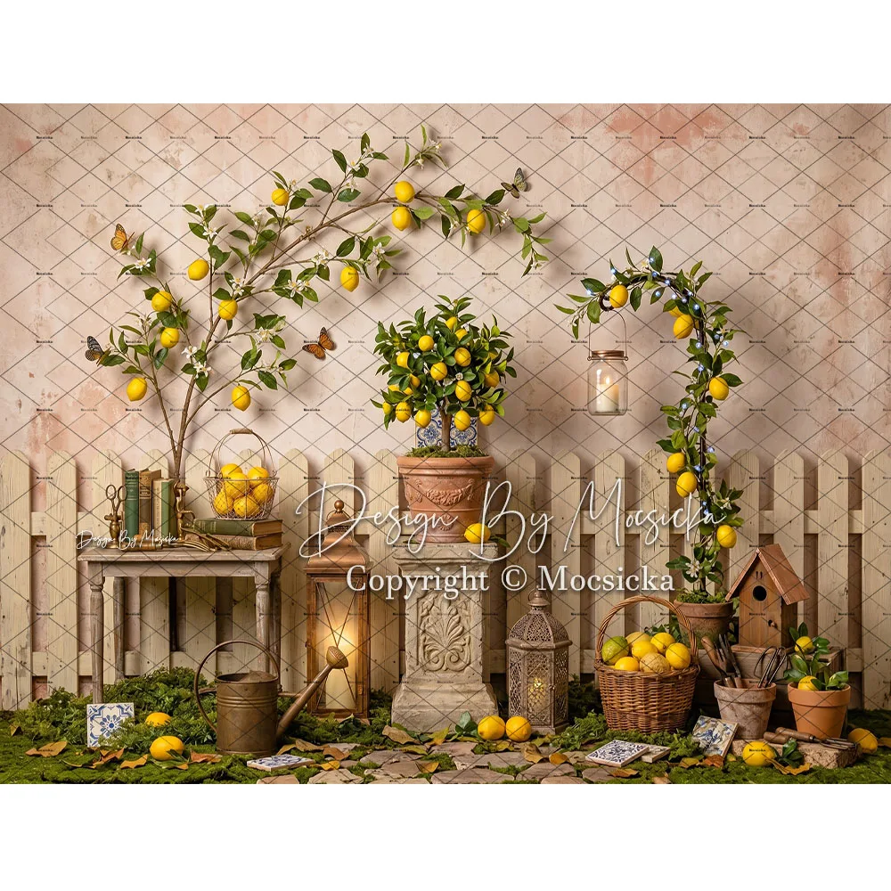Mocsicka Summer Kids Birthday Backdrop Photography Rustic White Fence Lemon Vine Lantern Scene Background Baby Show Photo Studio