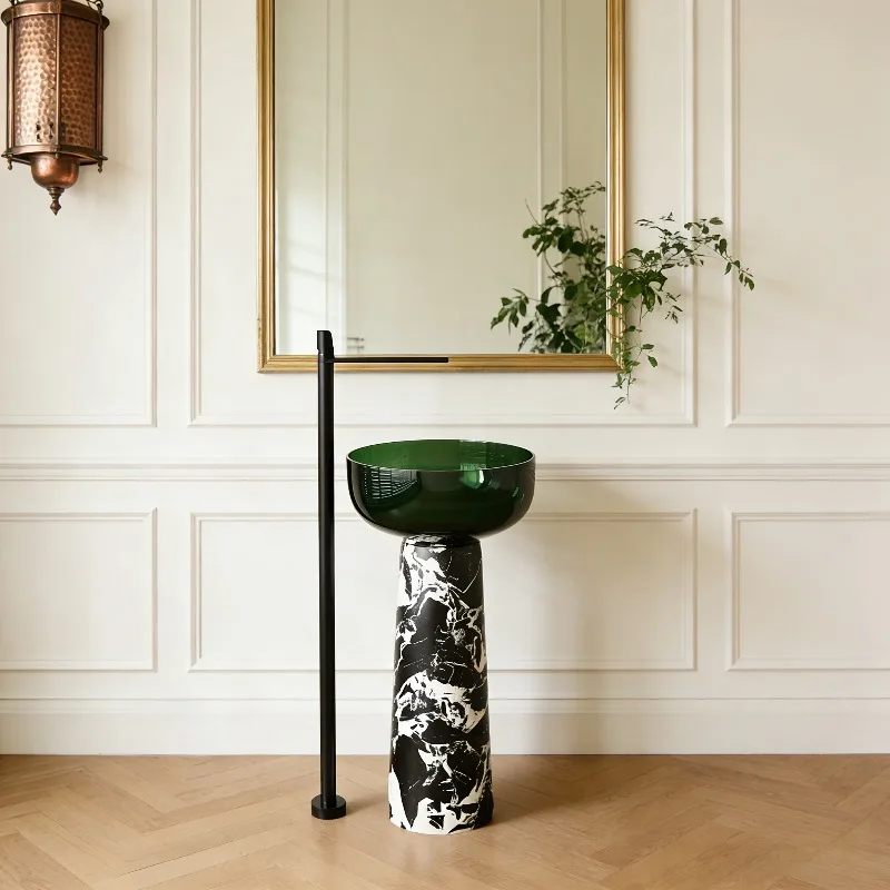 French retro marble floor-to-ceiling villa clubhouse hand washing wine red transparent washbasin