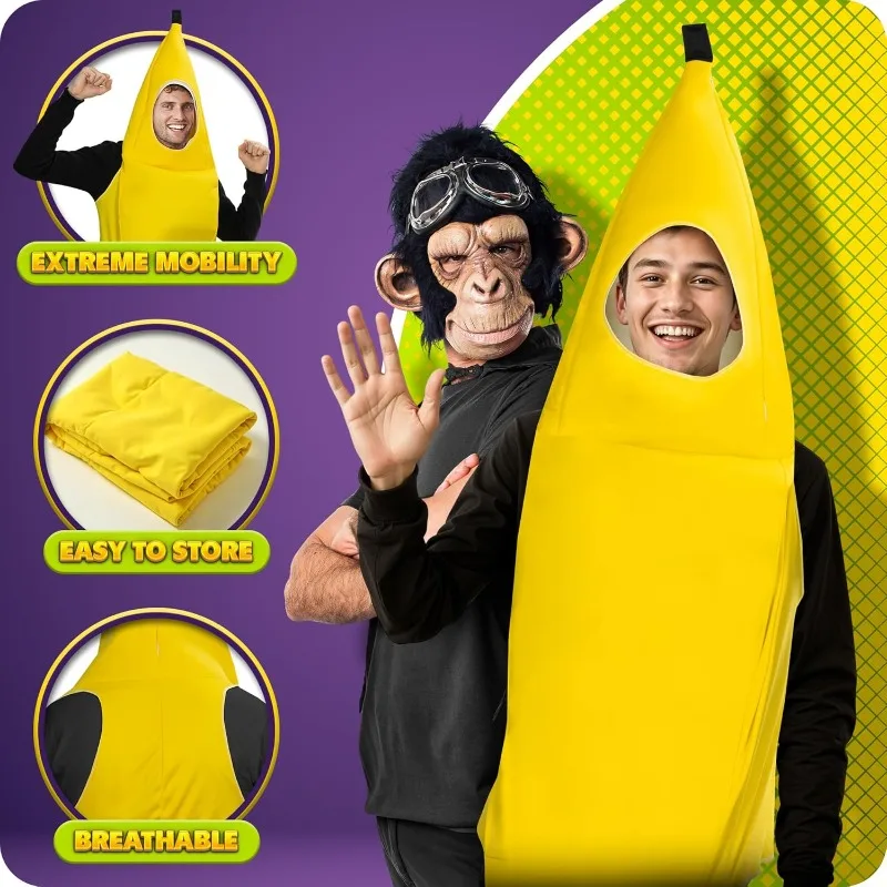Zadin Banana Costume Adult Suit, Crazy Funny Banana 2026 Halloween Costume for Men Women Teen, Silly Peely Banana Hat Fruit view 3