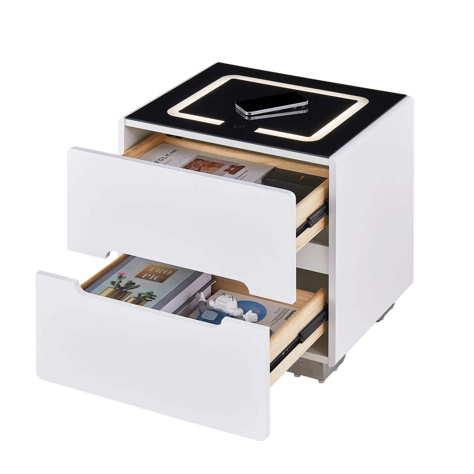 Lemroe Table de chevet à 2 tiroirs, 50x41,5x50,5 cm, avec chargeur sans fil, lumière LED à commande tactile 3 couleurs - BLANC