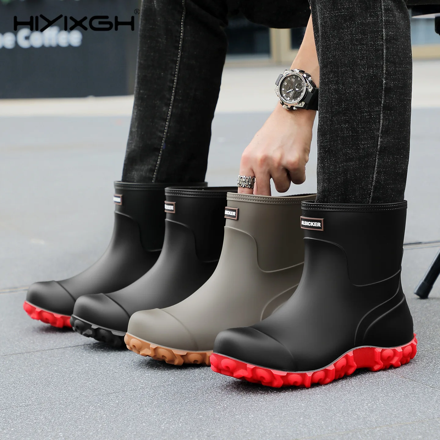 Korean Style Mid-Calf Drawstring Rain Boots Black Anti-Slip Threaded Sole Fishing Handmade Waterproof Breathable Windproof Boots