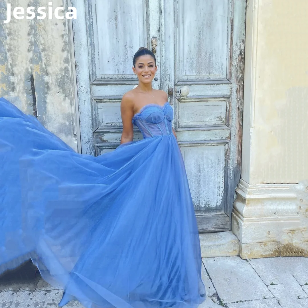 

Jessica Sexy Strapless Prom Dress Tulle Blue Evening Dress Vestidos De Fiesta Formal Occasions Wedding Elegant Lady Party Dress