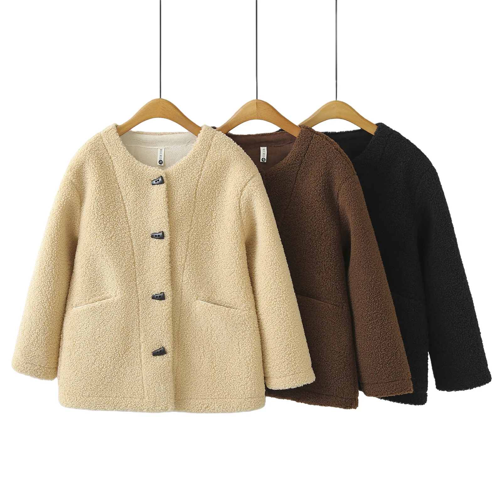 Autumn Winter Faux Lamb Wool Jacket For Women Round Neck Simple Splicing Thick Jackets French Casual Fashion Warm Overcoat 5