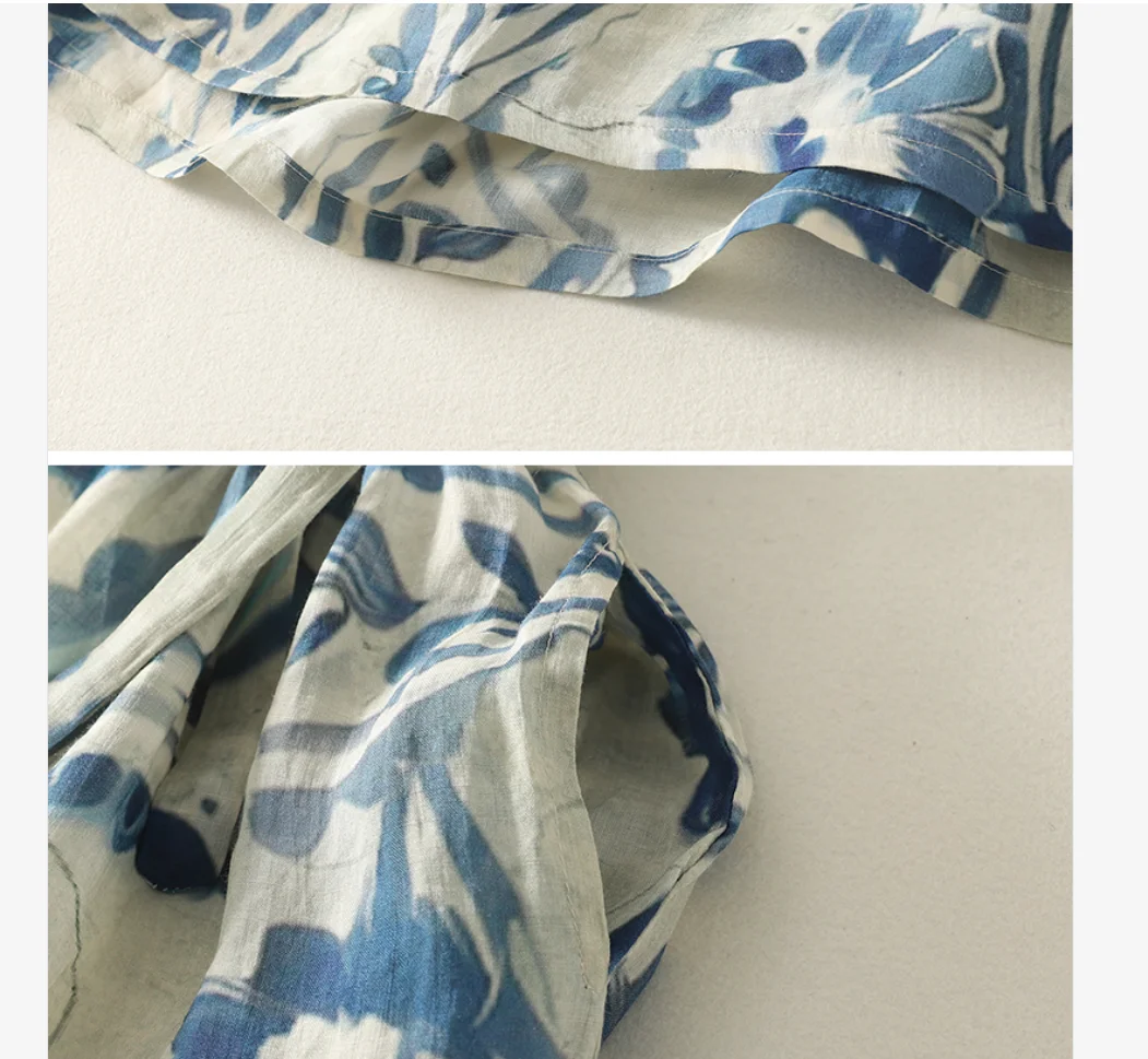 V-neck Blue Floral Printed Boho Style Cotton Linen Dress Women Summer Holiday Beach Sleeveless Long Dress Elegant Ladies A-line