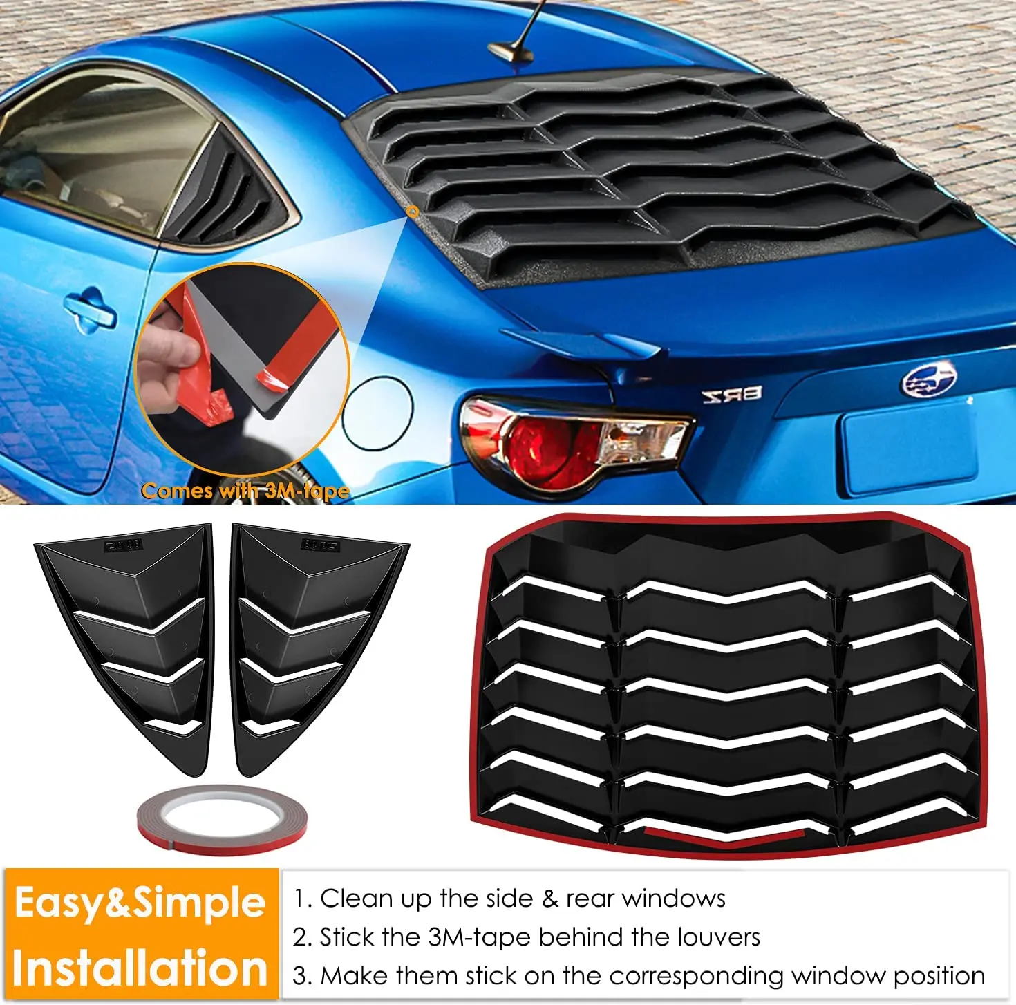 TM Rear+Side Window Louvers for Toyota 86 Scion FR-S Subaru BRZ 2013-2020 Sun Shade Cover in GT Lambo Style Fit All Weather ABS