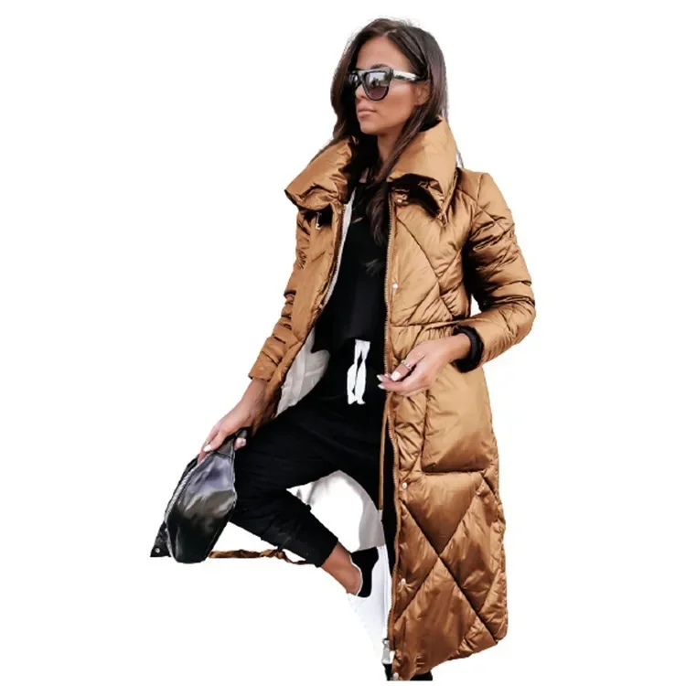 2024 New Lapel Long Women's Clothing Down Cotton Jacket Top Long Sleeve Zipper Cotton-Padded Coat Parka Autumn Winter