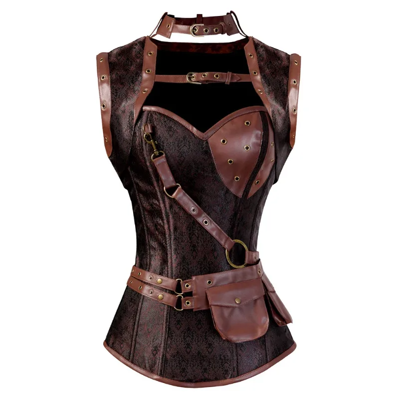 

Brown Vintage Steampunk Pirate Costume pu Leather Corset Jacket Overbust Women Gothic Steel Boned Waist Slim Bustier Burlesque