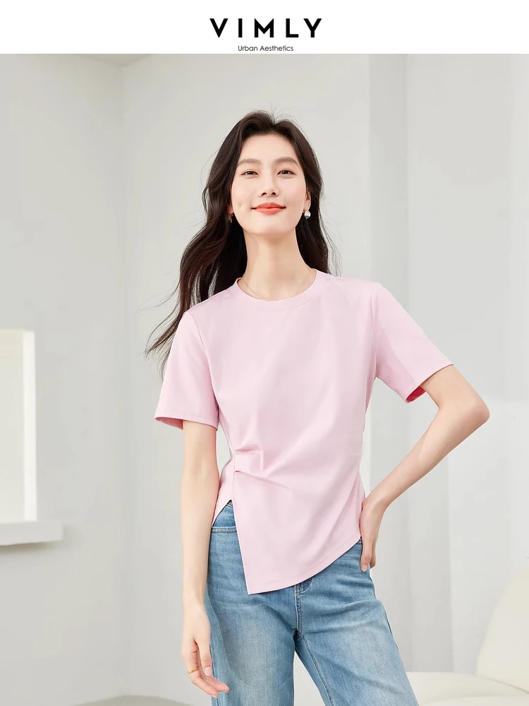 Vimly Casual Summer Pink T-shirt Round Neck Side Split Female Tops 2024 Cotton Ruched Slim Short Sleeve Tees Woman Clothes M6096