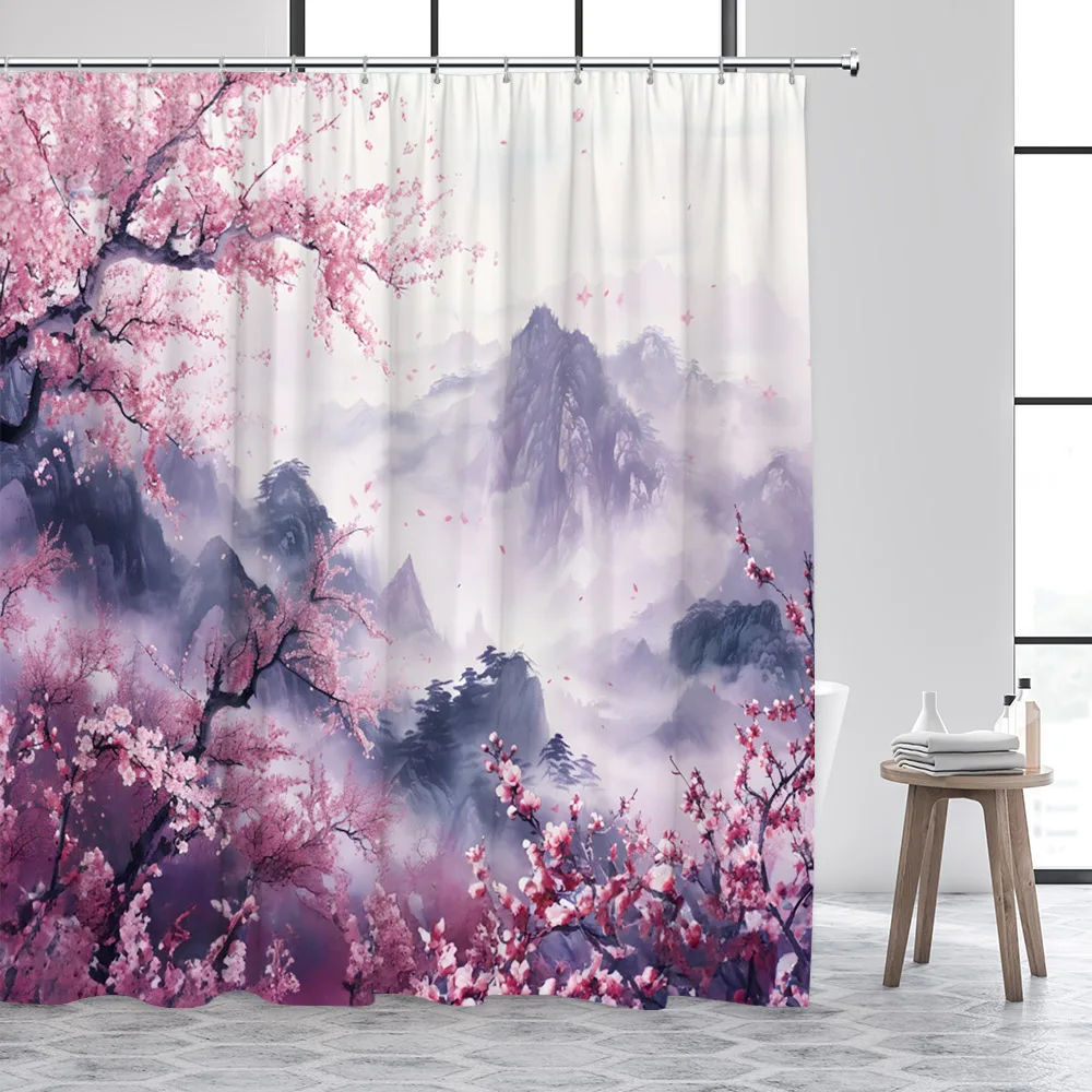 Japanese Landscape Shower Curtains Abstract Mountain Pink Cherry Blossom Floral Bird Pavilion Asian Art Bathroom Curtain Decor