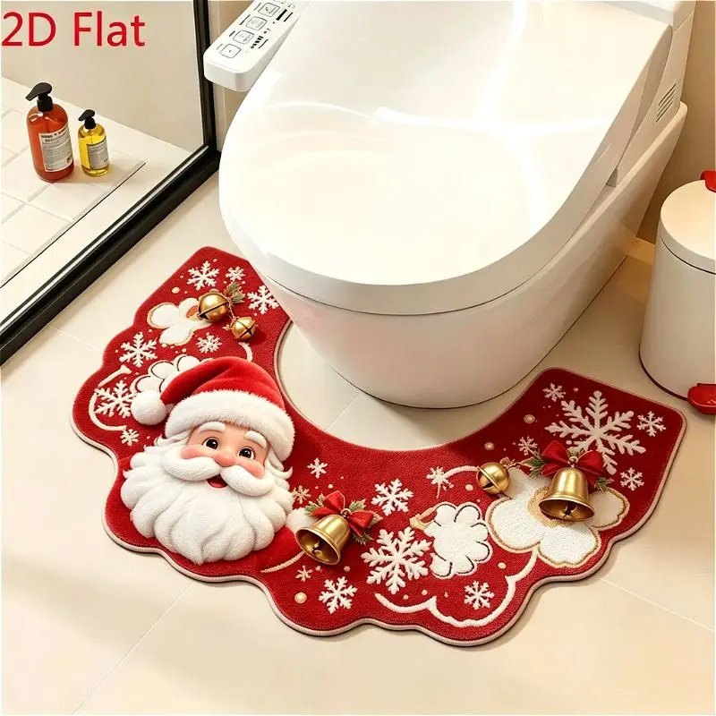 VIKAMA Santa Claus Face U Shaped Toilet Mat Red Gold Bell Snowflake Winter Christmas Bathroom Contour Rug Festive Decor Gift