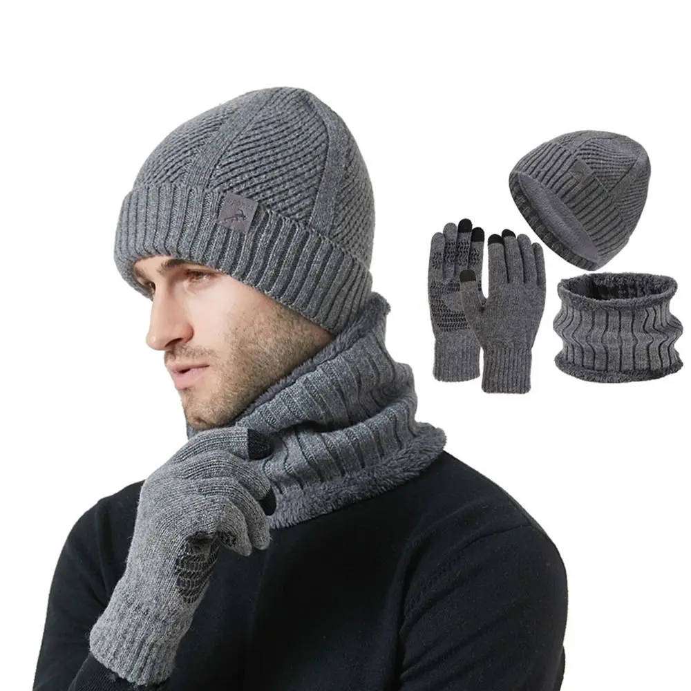 3Pcs/Set Warm Winter Hat Scarf Gloves Set Lining Thicken Knit Beanie Snood Set Soft Elastic Scarf Neck Warmer Suit for Men