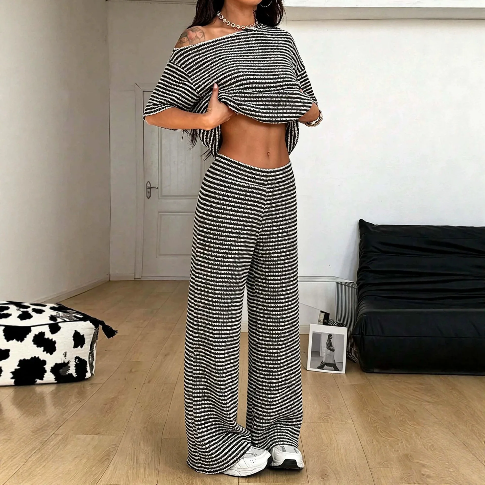 Black White Striped Off Shoulder Short Sleeve Set Top Wide Leg Pants Slim Casual Two Piece