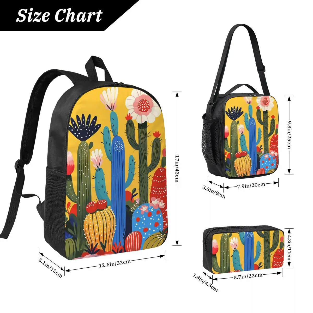 Various Cactus Potted Plant Illustrations Backpack BookBag School Bag Computer Shoulder Bags 3ps Insulated Lunch Bag Pencil Case