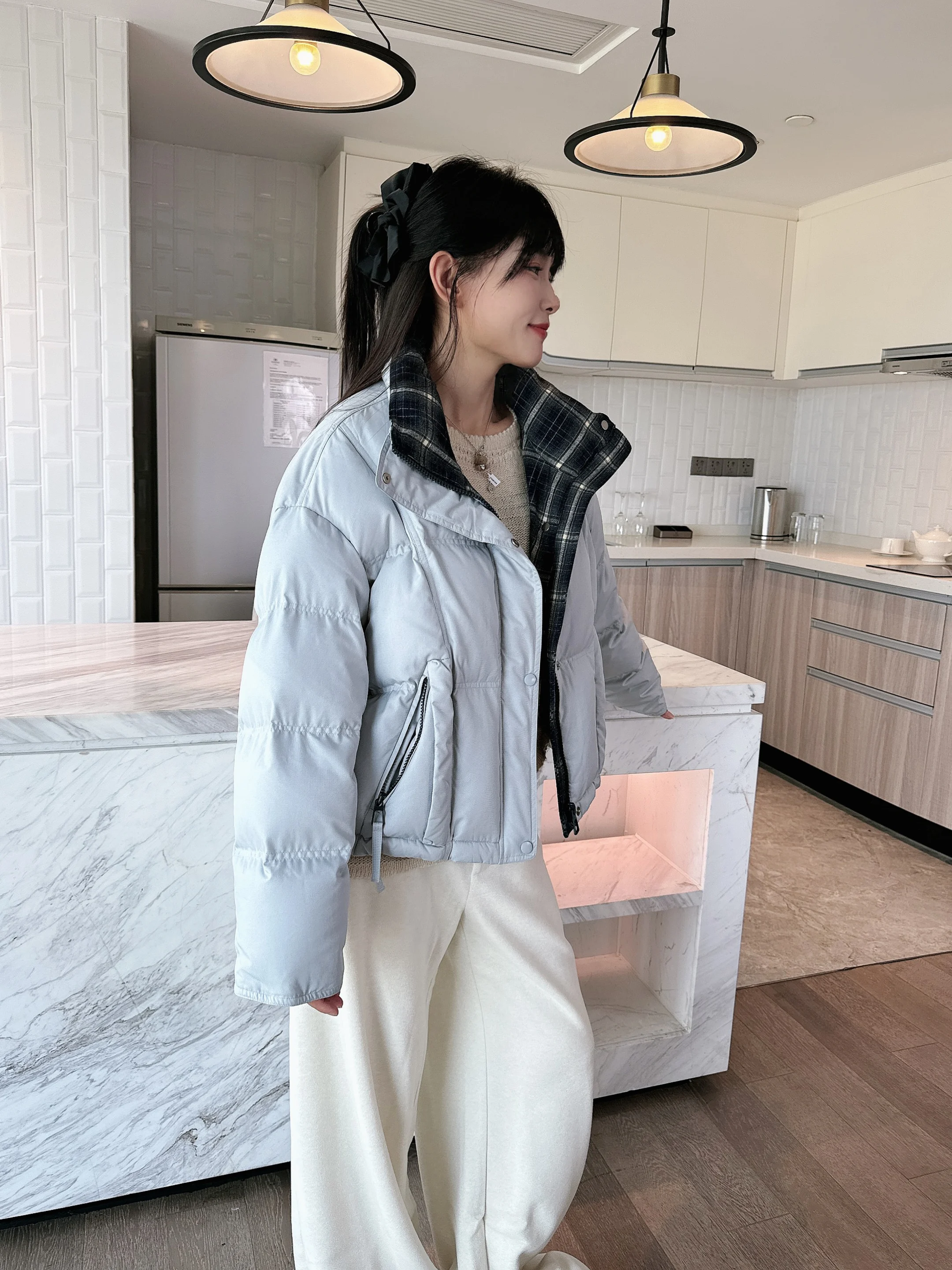 

Женское зимнее пуховое пальто в клетку с пэчворком, белое, с узором Sli Cact, в корейском стиле, для повседневной носки