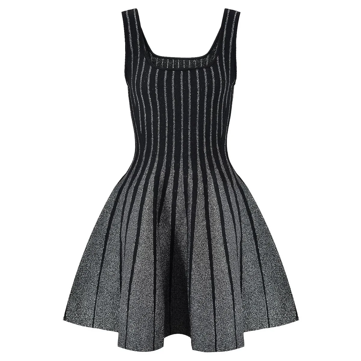 

Women's Summer Dress Elegant Pullover Clothing Sleeveless Slim Short Knitted Dresses Square Neck Striped Cake Skirts Black Sexy