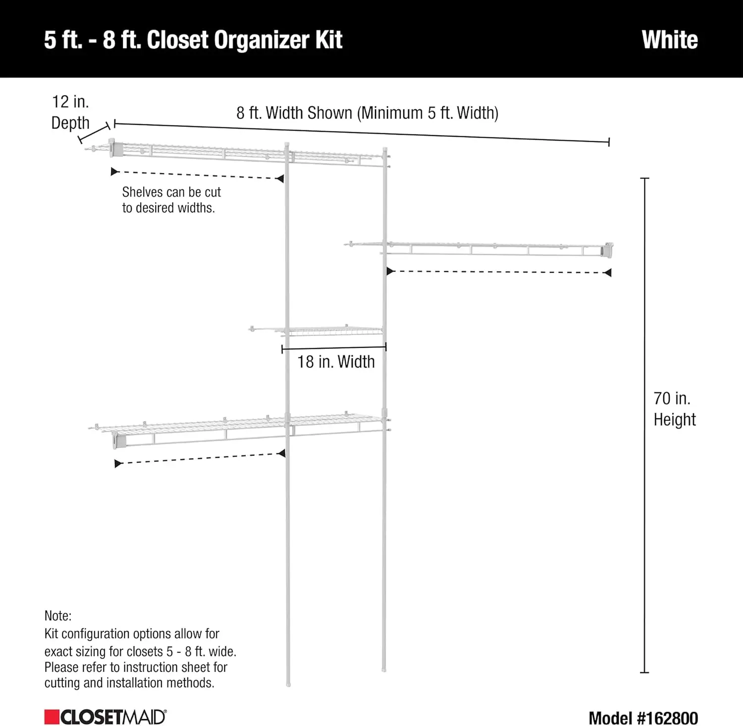 Closet Organizer Kit, 5-Foot to 8-Foot, White