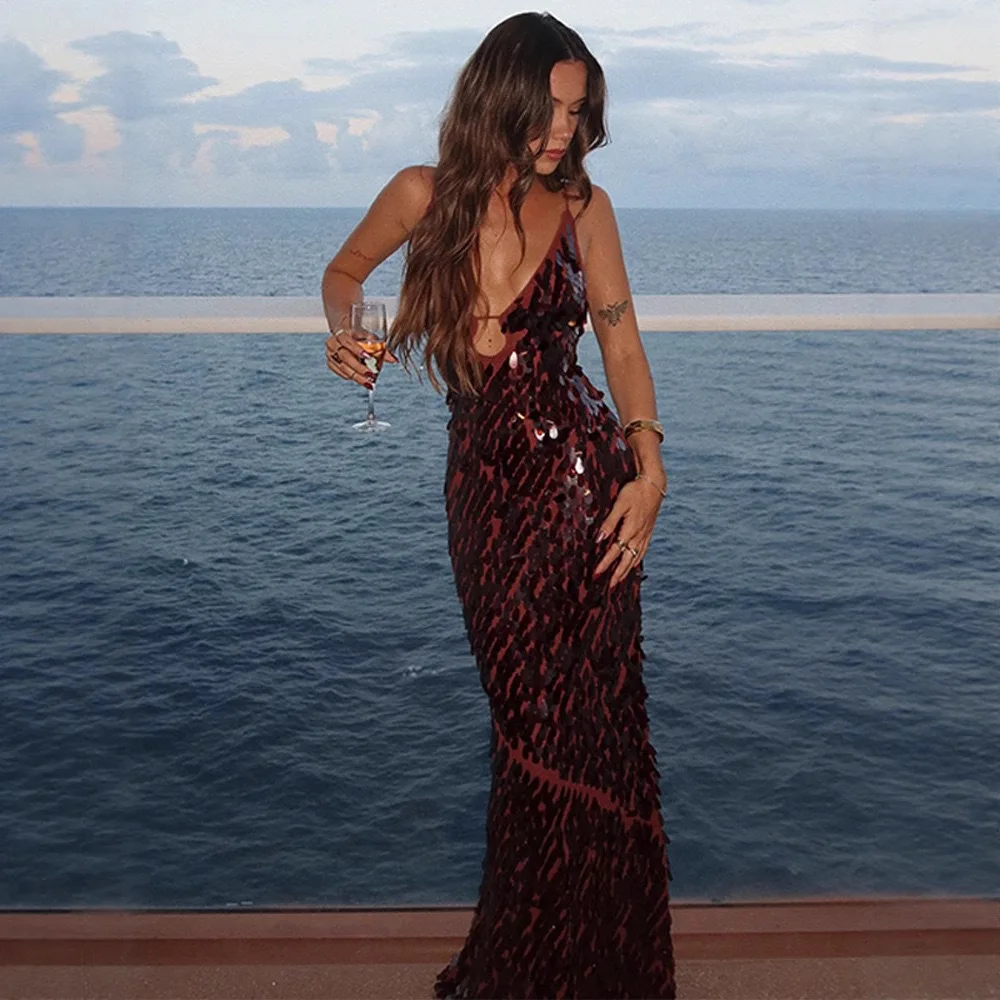 Robe longue à paillettes pour femmes, sans manches, décolleté en v profond, dos nu, Slim, Maxi, été, Chic, fête d'anniversaire, 2025