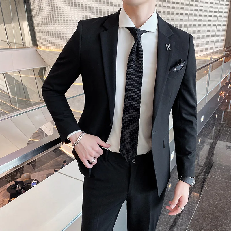 

High Quality Men's Suit Fashion Slim Thin Formal Business Casual 2-piece Set Black Gray Wedding Groom Dress Office（Blazer+Pants）