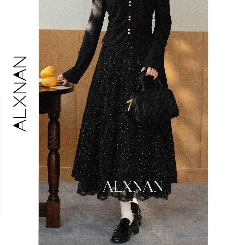 ALXNAN Black Polka Dot Midi Skirt Women Elegant Long Lace Trim Spliced Fashion Long Skirt 2026 Fall Female Clothing DYL662979
