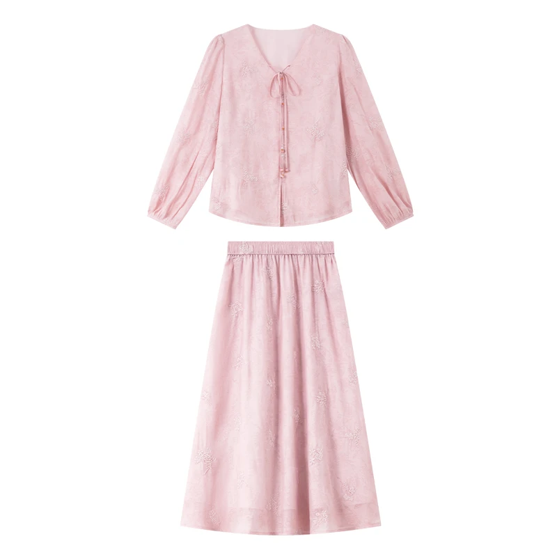 Vimly Skirt Set Women's Autumn 2025 Embroidery Textured Floral Print Blouse & Long Skirt Vacation Elegant 2 Piece Outfit A2972