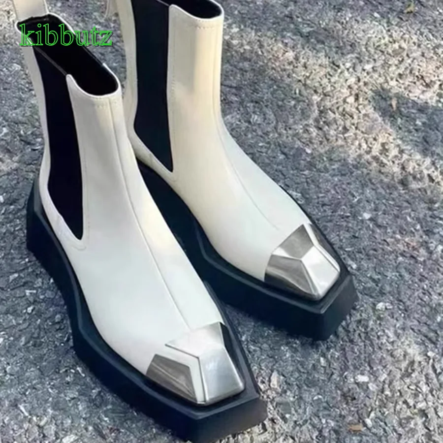 Metal Flat Toe Patchwork Boots for Women,Thick Soled Leather Stretch Boots Camping Motorcycle Boots 2023 New Zapatos Para Mujere