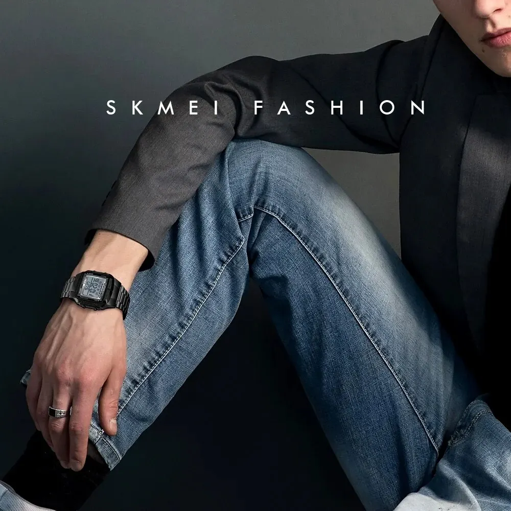 SKMEI Fashion Back Light Digital Sports Watch Men Stainless Steel Strap Alarm Clock Countdown Glass Mirror Wristwatch Clock