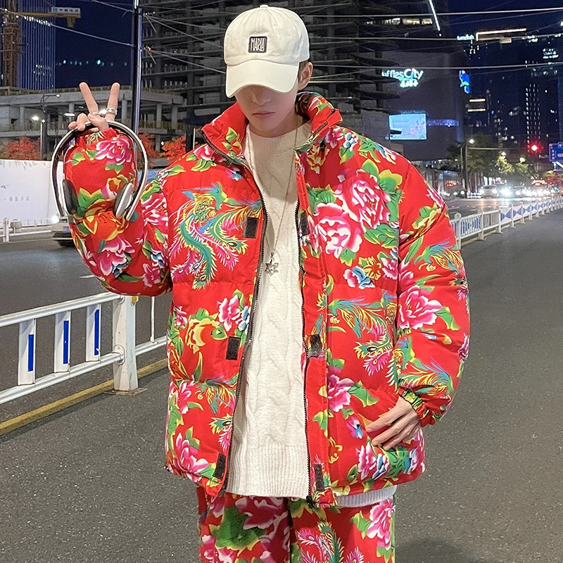 

Northeast Big Flower Print Cotton-Padded Coat Men's, Red New Year Flower Coat Trendy Thickened Pattern Cotton-Padded Coat