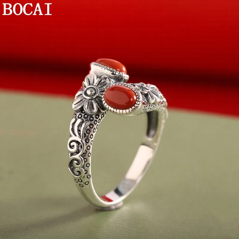 BOCAI S925 Sterling Silver Charms Rings for Women Emboss Retro 3D Flowers Pattern Inlaid Red Agate New Fashion Punk Jewelry
