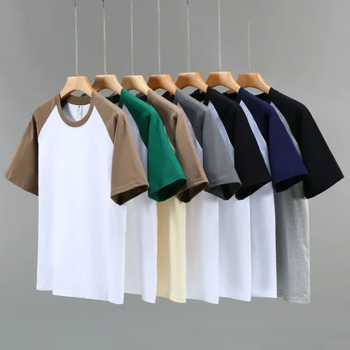 Nuevas camisetas de 220g para hombre, camiseta de manga corta de algodón puro resistente con enchufe en los hombros, camiseta para hombre con fondo de Color