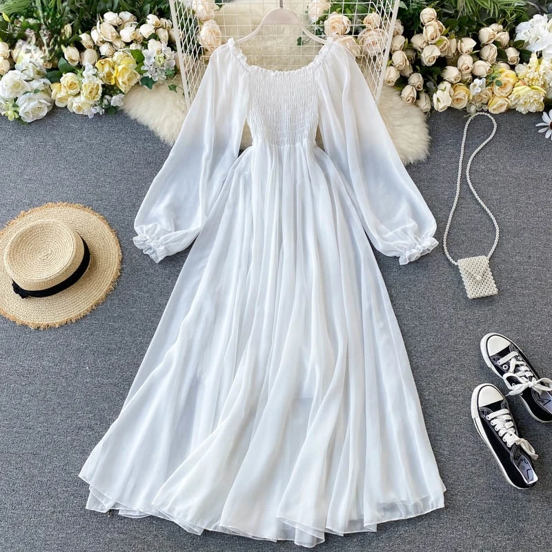 New Spring Autumn Women Elegant Holiday Dresses Puff Sleeve Slash Neck Off Shoulder Smocked White Chiffon Dresses