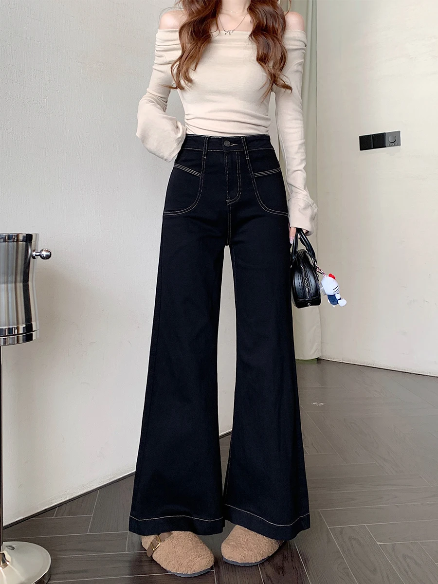 

Black Bell Bottom Jeans Women's Loose High Waist Straight Leg Pants Casual Style Casual Scene Non-Stretch Denim Fabric