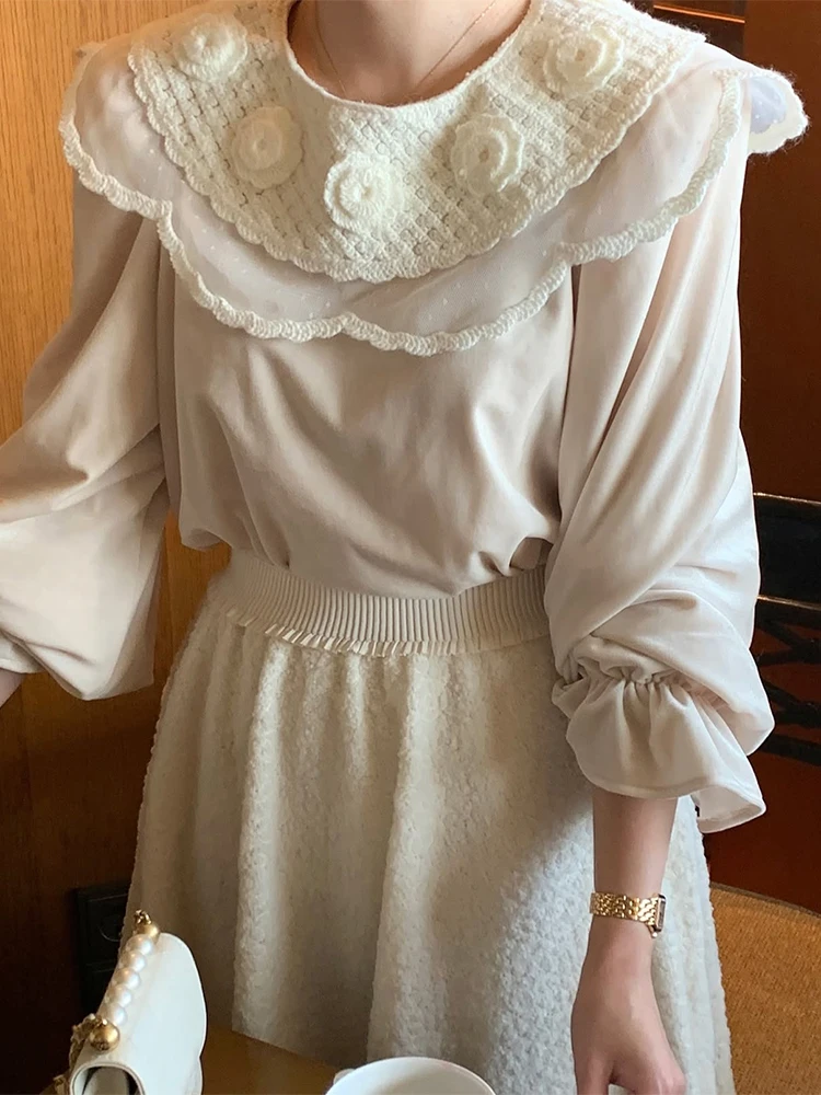 Chic terciopelo largo Sve muñeca Collar 3D bordado Floral versátil mujer Top dulce Ele Sle otoño nueva llegada