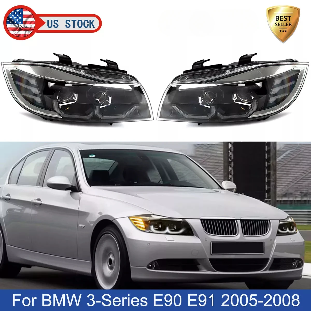 

Car Light For BMW 3 Series E90 E91 325i 328i 2005-2008 Front Headlight White LED 3D Crystal U-Halo DRL Automotive Signal Lamp
