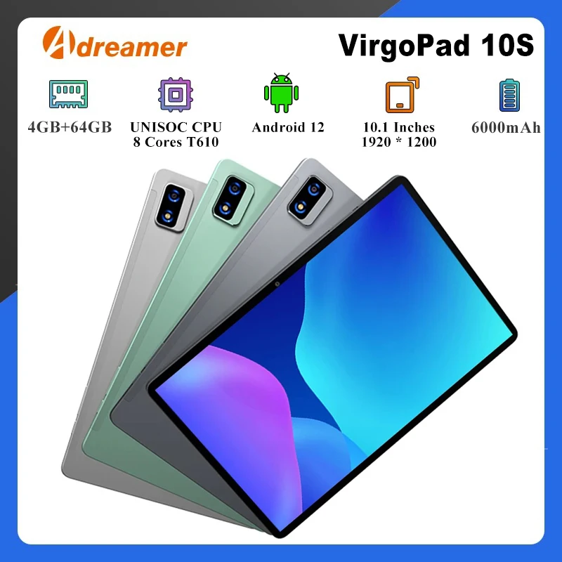 Adreamer VirgoPad 10 10,1-дюймовый планшет Android 12 GPS, восьмиядерный IPS-дисплей 1920x1200, 4 ГБ, 64 ГБ, 6000 мАч, аккумулятор для детей/студентов