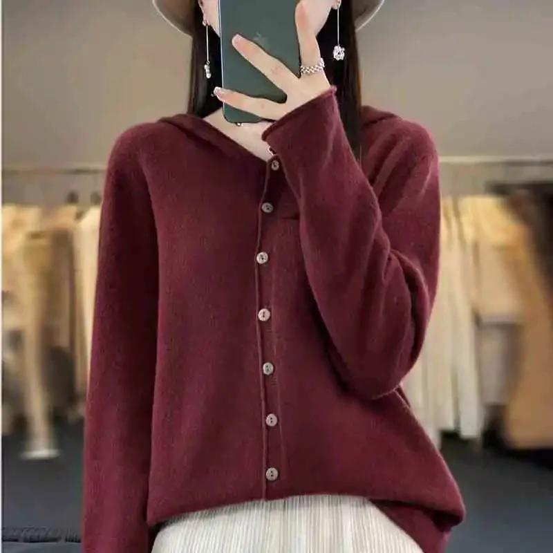 Women's Sweaters 100% Merino Wool Knitted Cardigan Autumn And Winter Hoodie Loose Sweater Fashionable Versatile Coat Top