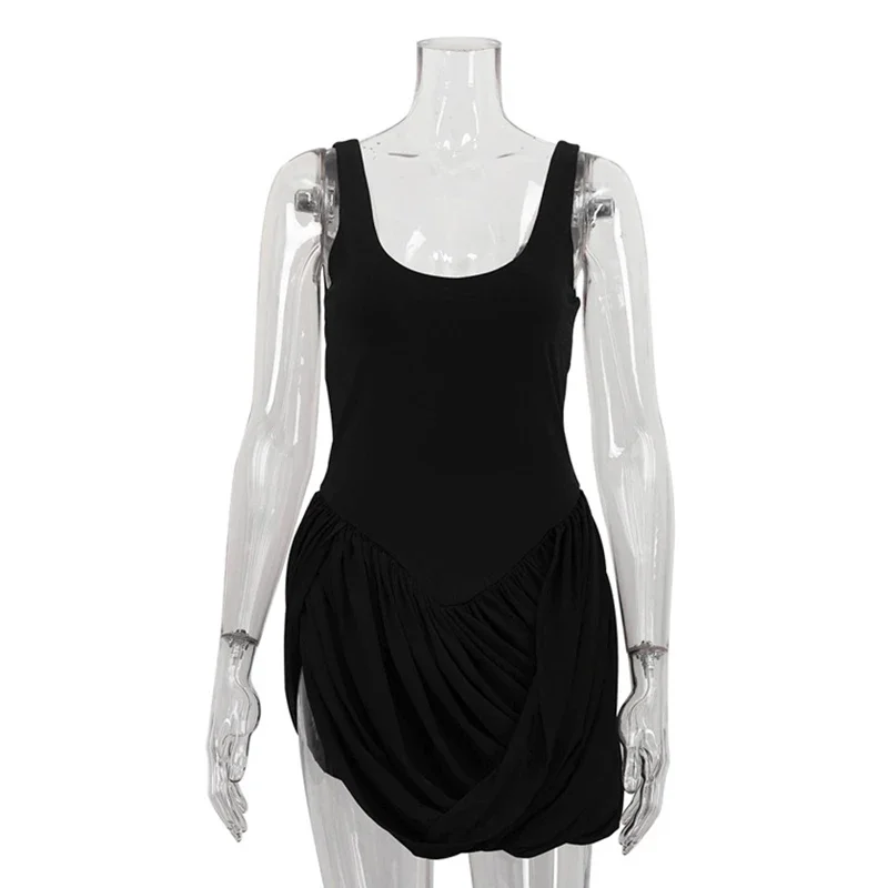 Geraffte Hohe Taille Hosenträger Kleid Weibliche Ärmel Unregelmäßigen Saum Kurzes Kleid Neue Weibliche Schwarz Abend Party Kleid